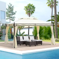 Outsunny 10x13ft Garden Gazebo Double-Tiered with Curtain Outdoor Shelter Backyard Canopy Cream White(m-1)