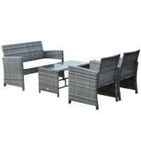 Outsunny 4 Piece Patio Furniture Set with Cushions, Outdoor PE Rattan Wicker Conversation Sofa Set with Glass Top Coffee Table and Loveseat, for Garden, Balcony, Cream White(m-11)