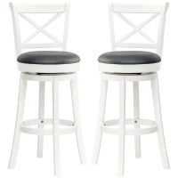 HOMCOM Traditional Bar Height Bar Stool, 31 Inch Seat Height Barstool, Swivel PU Leather Upholstered Chair, with Cross Back and Rubberwood Frame, Set of 2, Cream White(m-11)