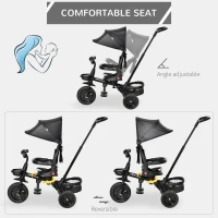 Qaba Tricycle for Toddler 4 in 1 Kids Trike with Reversible Adjustable Seat, Baby Push Bike with Removable Handle, Canopy, Belt Storage Brake Clutch for 1-5 Years, Black(m-6)