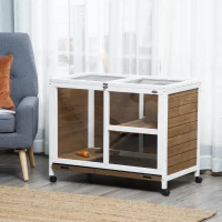 PawHut Indoor Rabbit Hutch with Wheels, Bunny Cage Guinea Pig House W/ Top Access, Ramp, Pull Out Tray, Brown(m-8)