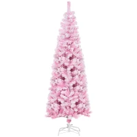 HOMCOM 6 FT Snow Flocked Artificial Christmas Tree, Pencil Xmas Tree with Realistic Branches, Auto Open and Steel Base, Pink(m-2)