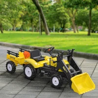 Aosom Ride-On Kids Bulldozer/Excavator Toy with Real Working Dirt Bucket, Easy Pedal Controls, 6 Wheels, & Cargo Trailer(m-10)