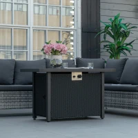 Outsunny Propane Fire Pit Table 43in Outdoor Fire Table, 50,000 BTU Pulse-Ignition Wicker Firepit Furniture with Glass Wind Guard, Blue Glass Rock, CSA Certification, Black(m-7)