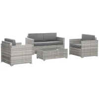 Outsunny 4 Pieces Patio Wicker Sofa Set, Outdoor PE Rattan Extra Wide Seat Conversation Furniture w/ Tempered Glass Table-top & Thick Padded Cushion for Garden, Backyard, Lawn, Mixed Grey(m-12)
