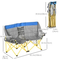 Outsunny 62" W Double Seat Camping Chair Folding Lawn Loveseat w/ Storage Pocket & Cup Holder Compact in a Bag for Outdoor, Beach, Picnic, Hiking, Travel, Blue(m-3)