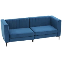 HOMCOM Modern 3-Seater Sofa, 78" Channel Tufted Sofa Couch with Velvet Fabric Upholstery, Steel Legs and Bed Slats for Living Room, Bedroom and Flat, Blue(m-11)