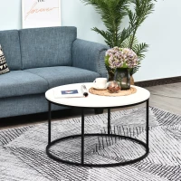 HOMCOM Round Coffee Table Sofa Side Table with a Modern Design, Black Metal Frame and Easy Maintenance, White(m-8)