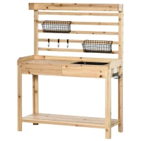 Outsunny Potting Bench Table, Garden Work Bench, Workstation with Metal Sieve Screen, Removable Sink, Additional Hooks and Baskets for Patio, Courtyards, Balcony, Natural(m-11)