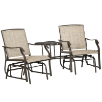 Outsunny Outdoor Glider Chairs with Coffee Table, Patio 2-Seat Rocking Chair Swing Loveseat with Breathable Sling for Backyard, Garden, and Porch, Light Brown