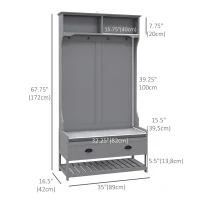 HOMCOM Coat Rack Shoe Bench, Hall Tree with Bench and Shoe Storage, Entryway Bench with 4 Hooks, 2 Drawers, 2 Shelves, Grey(m-3)