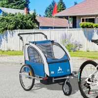 Aosom 2-in-1 Double Baby Bike Trailer Child Bike Stroller Foldable Jogger Bicycle Trailer, Blue & Grey(m-8)