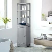 kleankin Tall Bathroom Storage Cabinet, Freestanding Linen Tower with 3-Tier Open Shelf and Door, Slim Floor Organizer, Grey(m-2)