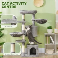 PawHut 52.5" Cat Tree Tower with Scratching Posts, Cat Condos, Bed, Platforms, Hammocks, for Indoor Cats, Grey(m-4)