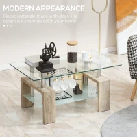 HOMCOM Rectangle Glass Coffee Table, 2-Tier Center Table with Tempered Glass Top and Storage Shelf for Living Room, Natural(m-4)