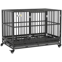 PawHut 48" Heavy Duty Dog Crate Metal Cage Kennel with Lockable Wheels, Double Door and Removable Tray, gray(m-11)