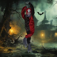 Outsunny 36" Outdoor Halloween Decorations Hanging Clown, Sound and Motion Activated Animated Prop, Animatronic Décor with Light Up Eyes, Circus Music(m-2)