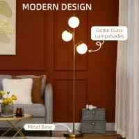 HOMCOM Modern 3-Light Floor Lamp for Living Room, Tree Standing Lamp with Globe Lampshades, 10.75"x10.75"x66.5", Gold(m-4)