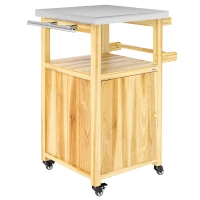 Outsunny Outdoor Grill Cart w/ Stainless Steel Top, Solid Wood Outdoor Kitchen Island w/ Wheels, Integrated Hole, Natural Wood(m-1)