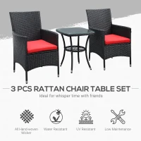 Outsunny 3 Pieces Wicker Patio Furniture Set, Rattan Bistro Set with Glass Top Coffee Table and Cushions, Outdoor Conversation Set for Garden, Porch, Balcony, Red(m-4)
