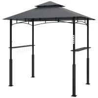Outsunny 8' x 5' Grill Gazebo, Double Tiered BBQ Gazebo with LED Light, 2 Side Shelves, Hooks and Bottle Opener, Dark Grey(m-2)
