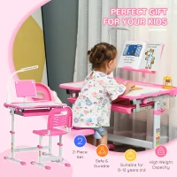 Qaba Kids Desk and Chair Set Height Adjustable Student Writing Desk Children School Study Table with Tilt Desktop, LED Lamp, Pen Box, Drawer, Reading Board, Cup Holder, Pink(m-9)
