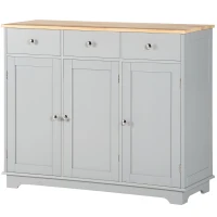 HOMCOM Kitchen Storage Cabinet, Sideboard Floor Cupboard with Solid Wood Top, Adjustable Shelf, and 3 Drawers, Gray(m-11)