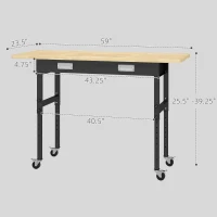 HOMCOM 59" Work Bench with Drawer, Height Adjustable Legs, Bamboo Tabletop Workstation Tool Table on Wheels for Garage, Weight Capacity 1320 Lbs, Black/Natural(m-3)