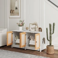 PawHut Cat Litter Box Enclosure w/ 2 Cabinets, Scratching Mats, Pull-Out Trays, Hidden Litter Box for 2 Cats, White(m-1)