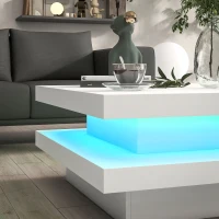 HOMCOM Square Coffee Table with 7 LED Lights and Remote, 2-Tier Modern Center Table for Living Room, White(m-10)