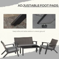 Outsunny 4 Pieces Patio Furniture Set, All Aluminum Frame Outdoor Sofa Set PE Rattan Sofa with 2 Cushioned Sofas, 1 Loveseat and Coffee Table with Tempered Glass Top for Garden, Backyard, Black, Grey(m-9)