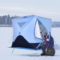 Outsunny 4 Person Ice Fishing Shelter, Pop-up Ice Fishing Tent, Ice Shanty, Portable and Insulated, with 2 Doors and Carrying Bag, Light Blue(m-10)