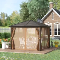 Outsunny 10' x 10' Hardtop Gazebo with Curtains and Netting, Permanent Pavilion Metal Single Roof Gazebo Canopy with Aluminum Frame and Hooks, for Garden, Patio, Backyard, Light Brown(m-10)
