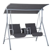 Outsunny Double Outdoor Swing Chair 2 Person Covered Swing Porch Swing w/ Pivot Table & Storage Console, Grey(m-2)
