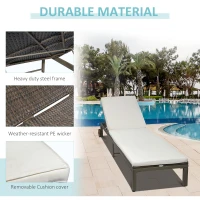 Outsunny Patio Rattan Sun Lounger with 4-Level Adjustable Backrest and Wheels, Wicker Chaise Lounge Chair with Cushion, for Patio, Deck, Poolside Cream White(m-6)