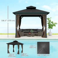 Outsunny 10' x 10' Hardtop Gazebo, Sun Shelter with Double Tier Metal Roof, Mosquito Netting, and Hanging Hook, Dark Brown(m-3)