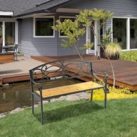 Outsunny Garden Bench for Outdoor, 2-person Patio Bench with Steel and Wood Frame, Floral Rose Accent, Loveseat Furniture for Lawn, Deck, Yard, Porch and Entryway, Natural(m-8)