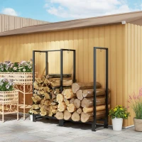 Outsunny 4ft Firewood Rack with Dual Space and Lock Rings, Steel Log Holder for Outdoor Indoor, Black(m-9)