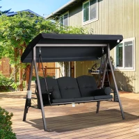 Outsunny 3-Seat Patio Swing Chair, Outdoor Porch Swing Glider with Adjustable Canopy, Removable Cushion, Pillows and Side Trays, for Garden, Poolside, Backyard, Black(m-2)