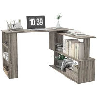 HOMCOM 360° Rotating L Shaped Desk, Corner Computer Desk with Storage Shelves for Home Office, Grey(m-2)