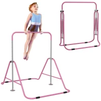 Qaba Foldable Gymnastics Bar for Kids, Expandable Gymnastics Equipment with Adjustable Height for Boys Girls, Pink(m-11)
