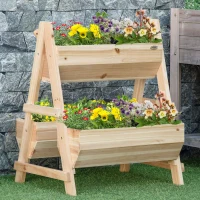 Outsunny 3 Tier Verctial Raised Garden Bed, Wooden Elevated Planter Box with Fabric Liner and Drainage Holes, for Vegetables, Herbs, Flowers, Natural(m-2)