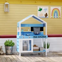 Qaba Wooden Mud Kitchen for Kids Outdoor with Sink, Faucet, Water Tank, Storage Shelves, Accessories for Boys and Girls, Blue(m-10)