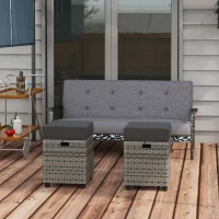 Outsunny 2 PCS Patio Wicker Ottoman Set, Square Outdoor PE Rattan Footrest with Removable Cushion for Backyard, Grey(m-1)