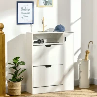 HOMCOM Modern Shoe Cabinet, 12 Pairs Shoe Storage Cabinet with 2 Flip Drawers, Adjustable Shelves, Open Shelf and Compartment for Umbrella, Hallway Entryway, White(m-1)