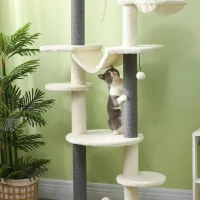 PawHut 89"- 100" Floor to Ceiling Cat Tree with Scratching Posts, Hammock, Perches & Toy Balls, White(m-9)