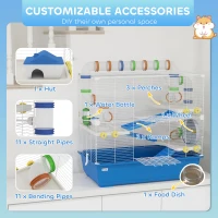 PawHut 4 Tier Hamster Cage with Tunnel Tube System, Hut, Exercise Wheel, Water Bottle, Food Dish, for Syrian, Gerbil, Blue(m-6)