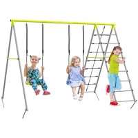 Outsunny 4 in 1 Metal Swing Set with Double Swings, Climber, Climbing Net for Kids, Toddlers, Backyard, Outdoor, Playground(m-11)