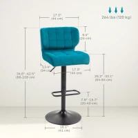 HOMCOM Swivel Tufted Velvet-feel Fabric Barstools Set of 2 Adjustable Bar Stools with Footrest for Counter Dining Room Blue(m-3)