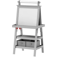 Qaba Double Sided Easel for Kids, Standing Toddler Easel with Paper Roll, Magnetic Whiteboard, Chalkboard & Storage, Gray(m-1)